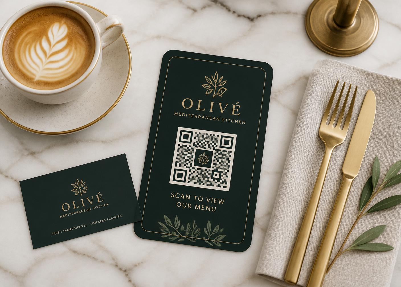 Custom-branded restaurant QR code card with logo, coffee cup and gold cutlery on marble