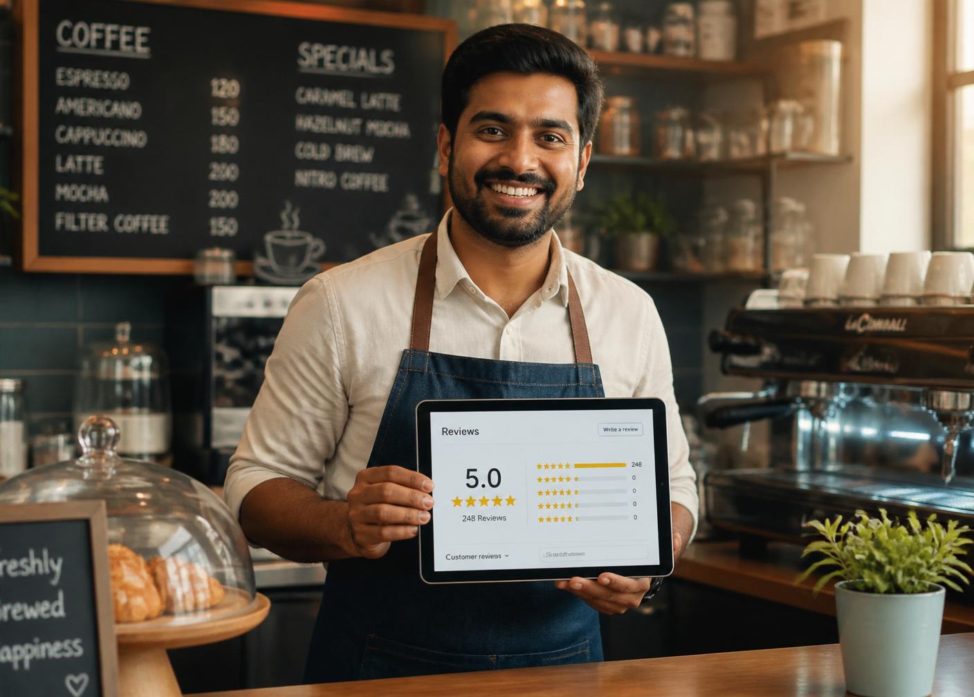 Cafe owner smiling holding a tablet showing a reviews dashboard