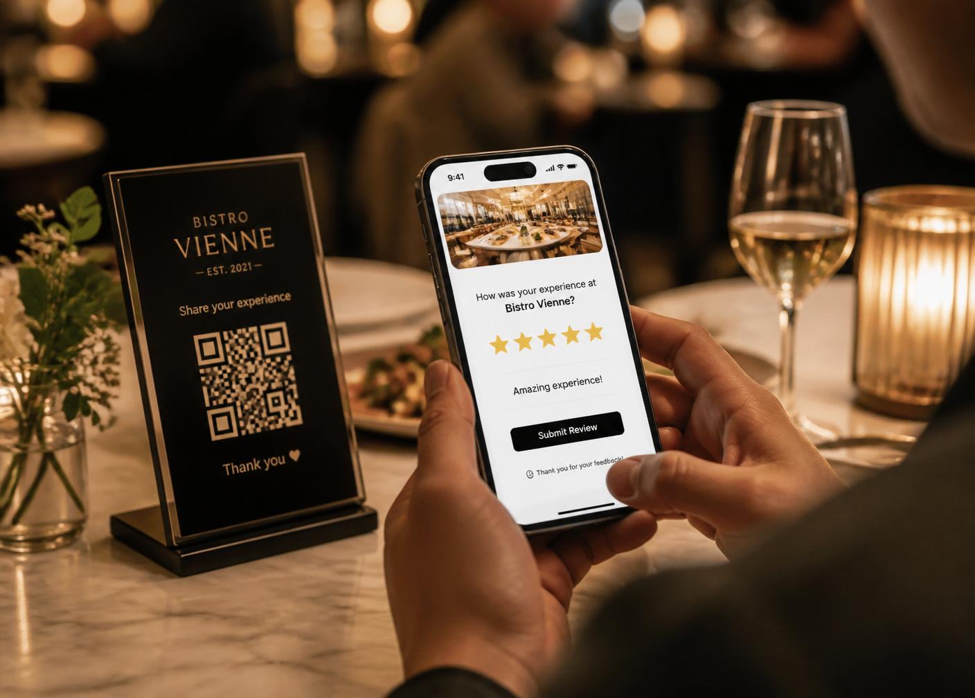 Guest scanning a branded QR code stand at a restaurant table